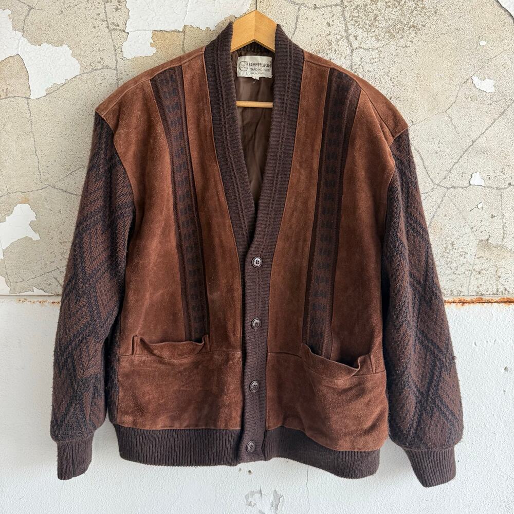 Vtg 70s Deerskin Trading Post Jacket Brown Suede Panel Knit Sweater Bomber Men L